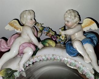 Beautiful vintage Dresden porcelain Sitzendorf wall mirror with cherubs and encrusted flowers