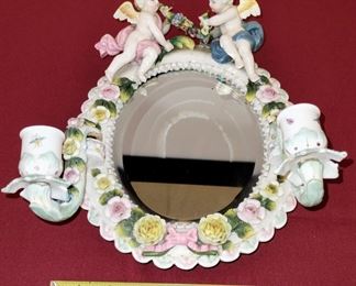 Beautiful vintage Dresden porcelain Sitzendorf wall mirror with cherubs and encrusted flowers with two candle holders 