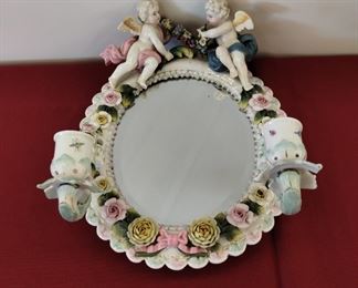 Beautiful vintage Dresden porcelain Sitzendorf wall mirror with cherubs and encrusted flowers with two candle holders 
