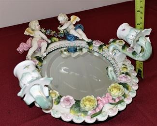 Beautiful vintage Dresden porcelain Sitzendorf wall mirror with cherubs and encrusted flowers with two candle holders 