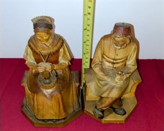 Hand carved black forest figurines. 1950s Amazing condition. Old woman sewing and old man holding pipe. 