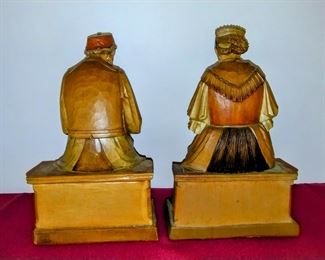 Hand carved black forest figurines. 1950s Amazing condition. Old woman sewing and old man holding pipe. 