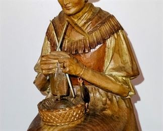 Hand carved black forest figurines. 1950s Amazing condition. Old woman sewing and old man holding pipe. 