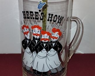 West Virginia glass company pint glass with handle "Barber shop quartet, here's how" / vintage
