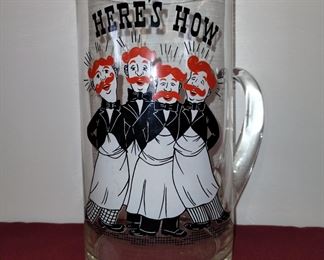 West Virginia glass company pint glass with handle "Barber shop quartet, here's how" / vintage