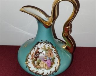 Vintage Limoges Small Blue floral Pitcher with gold etching and handle