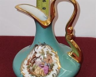 Vintage Limoges Small Blue floral Pitcher with gold etching and handle
