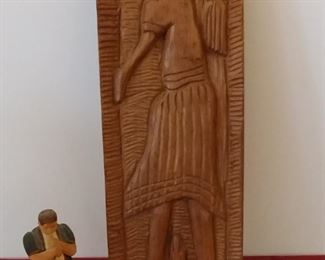 Huggler Wyss Swiss Hand Carved Hand Painted Folk Wood Figurine Horn Player Brienz, Switzerland, and Egyptian themed wood carving 