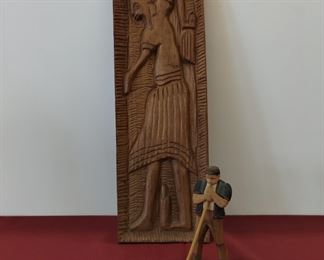 Huggler Wyss Swiss Hand Carved Hand Painted Folk Wood Figurine Horn Player Brienz, Switzerland, and Egyptian themed wood carving 