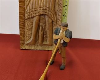 Huggler Wyss Swiss Hand Carved Hand Painted Folk Wood Figurine Horn Player Brienz, Switzerland, and Egyptian themed wood carving 