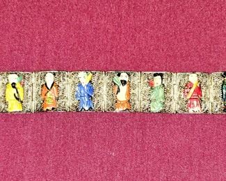 Super Rare antique silver Chinese Export Wide FILIGREE Panel Bracelet 7" With 8 hand painted Bovine Bone Immortals
