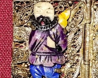 Super Rare antique Chinese Export Wide FILIGREE Panel Bracelet 7" With 8 hand painted Bovine Bone Immortals