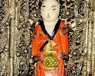 Super Rare antique Chinese Export Wide FILIGREE Panel Bracelet 7" With 8 hand painted Bovine Bone Immortals