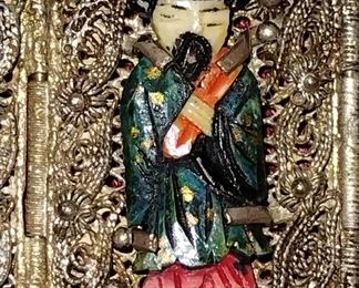 Super Rare antique Chinese Export Wide FILIGREE Panel Bracelet 7" With 8 hand painted Bovine Bone Immortals