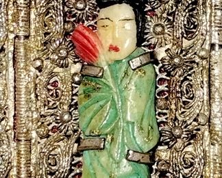 Super Rare antique Chinese Export Wide FILIGREE Panel Bracelet 7" With 8 hand painted Bovine Bone Immortals