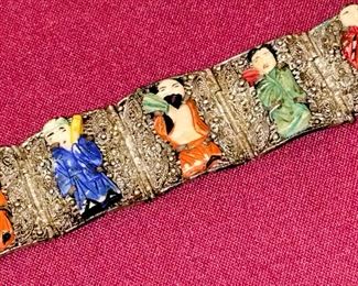 Super Rare antique Chinese Export Wide FILIGREE Panel Bracelet 7" With 8 hand painted Bovine Bone Immortals