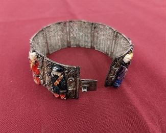 Super Rare antique silver Chinese Export Wide FILIGREE Panel Bracelet 7" With 8 hand painted Bovine Bone Immortals