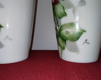 Pair of beautiful mint condition Vtg 1930’s DELUXE INC USA Milk Glass Vases Cabbage Roses Artist Signed 13 inches tall