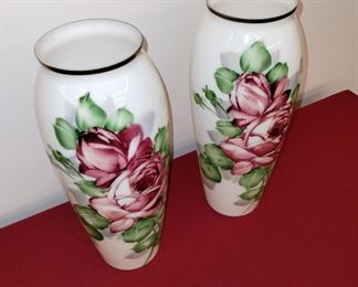 Pair of beautiful mint condition Vtg 1930’s DELUXE INC USA Milk Glass Vases Cabbage Roses Artist Signed 13 inches tall