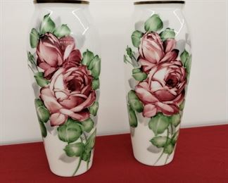 Pair of beautiful mint condition Vtg 1930’s DELUXE INC USA Milk Glass Vases Cabbage Roses Artist Signed 13 inches tall
