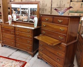 Stickley Cherry valley Chippendale style dresser with mirror and eight drawers and tall bureau with hidden table with eight drawers - beautiful pieces! 