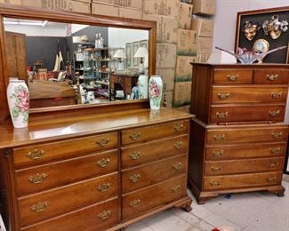 Stickley Cherry valley Chippendale style dresser with mirror and eight drawers and tall bureau with hidden table with eight drawers - beautiful pieces! 