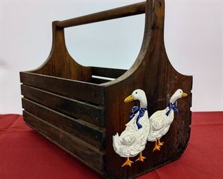 Vintage wooden basket with handle. Hand-painted ducks.