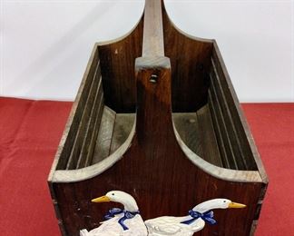 Vintage wooden basket with handle. Hand-painted ducks.