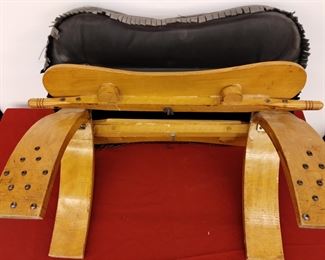 Vintage wood camel footstool with distressed gray leather - beautiful condition 