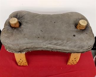 Vintage wood camel footstool with distressed gray leather - beautiful condition 