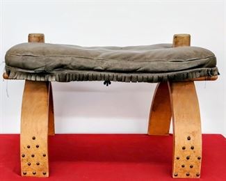 Vintage wood camel footstool with distressed gray leather - beautiful condition 