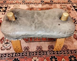 Vintage distressed leather camel saddle with wooden mounting base / amazing condition! 