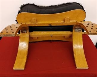 Vintage distressed leather camel saddle with wooden mounting base / amazing condition! 