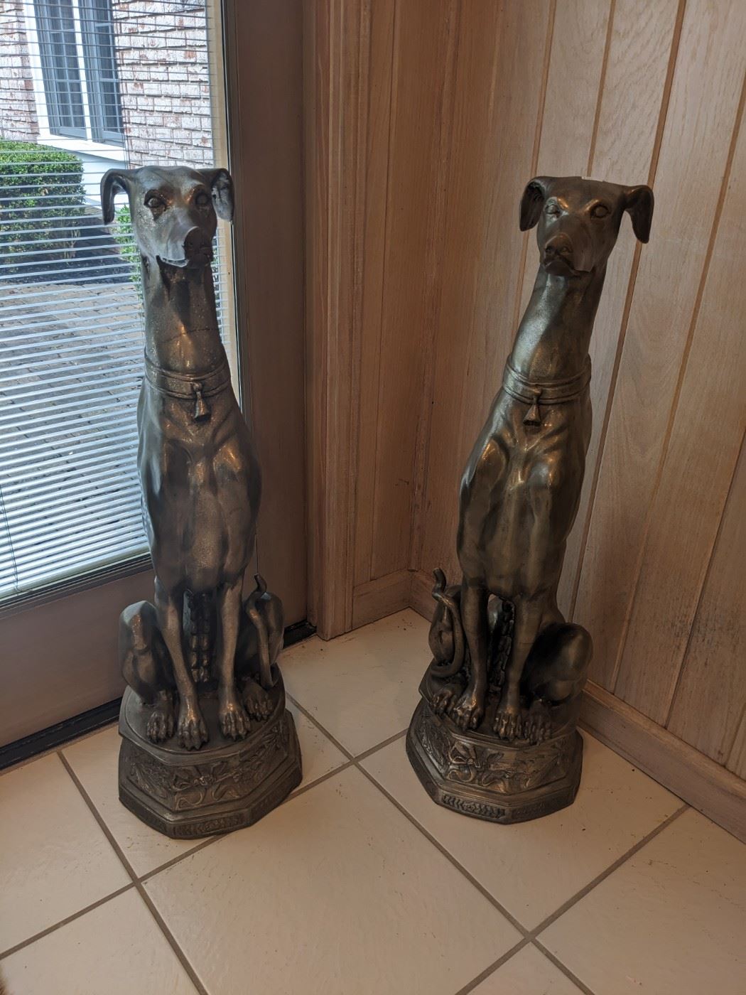 PRICE: $2500 (the pair) Bronze 32” Tall Greyhound Fireplace Statue Figurines, Originally Purchased in Florida in the 1980’s Current Value of $5700