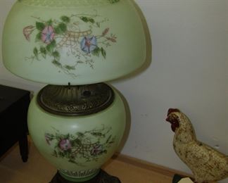 Antique Green Hurricane Lamp w/Floral Globe