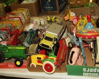Vintage toy tops, Tractors, Lunch Boxes, misc.