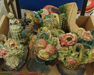 Early Hubley Cast Iron Door Stop, Basket of Flowers, Floral Painted Doorstop Decor