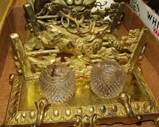 Antique Brass Stag & Hunting Hounds Double Inkwell