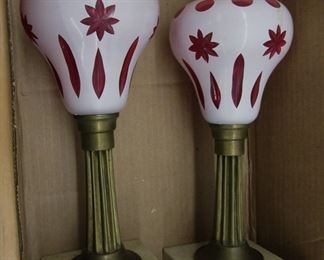 Antique WHITE TO RUBY CUT GLASS OIL LAMP