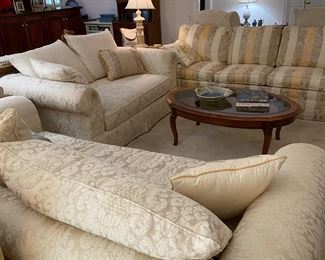 living room with Ethan Allen upholstered sofas and tables