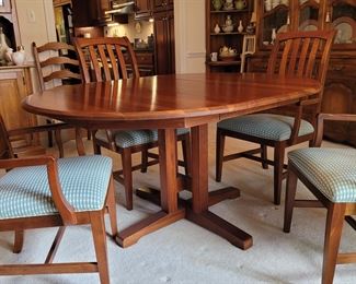 Ethan Allen American Impressions Mission Style dining table and four upholstered dining chairs, matching sideboard