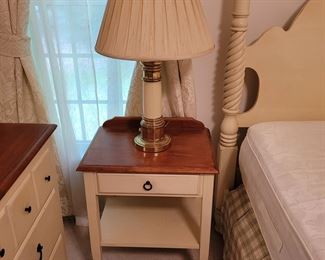 Ethan Allen Country Crossings nightstand, one of two, and cream and brass table lamp, one of two