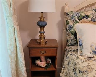 Ethan Allen nightstand table with shelf and drawer, Ethan Allen blue and brass lamp, one of two