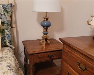 Ethan Allen nightstand table with single drawer; Ethan Allen blue and brass lamp, one of two