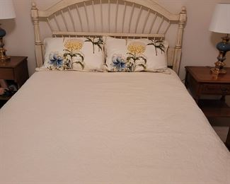 Full/Queen Matlessee coverlet and lovely decorative pillows on Ethan Allen Wheatback bed frame
