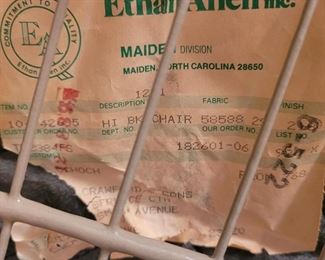 Ethan Allen label on high back upholstered chair