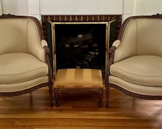 (2) Carved Armchairs & Carved Foot Stool