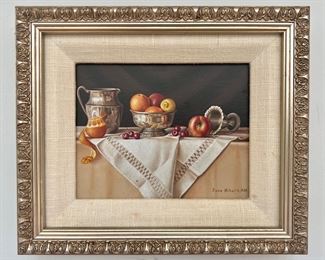 "Mixed Fruit with Pewter" Oil on Board, Signed Jane Mihalik