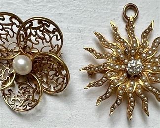 14K & Pearl Pin (left) & 14K & Diamond Pendant/Pin (right)
