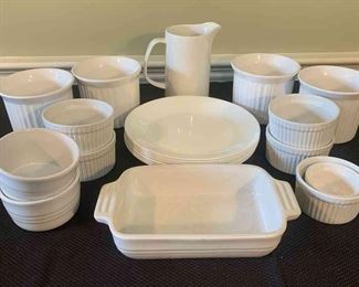 Assorted White Kitchenware Pieces Corningware, Le Creuset, Cordon Bleu